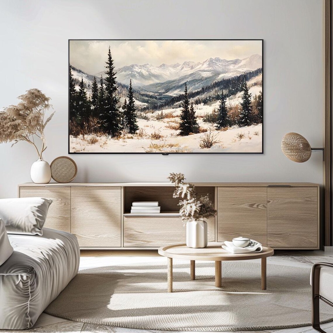 Snow Covered Mountain Valley Pine Trees Winter Scene Art Poster - Image 5