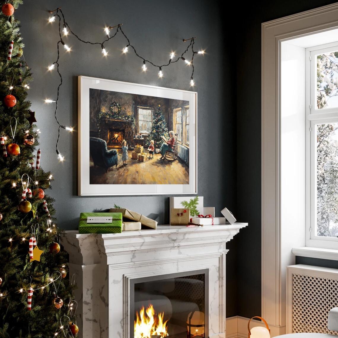 Grandmother Reading to Children by Fireplace Christmas Evening Poster - Image 2