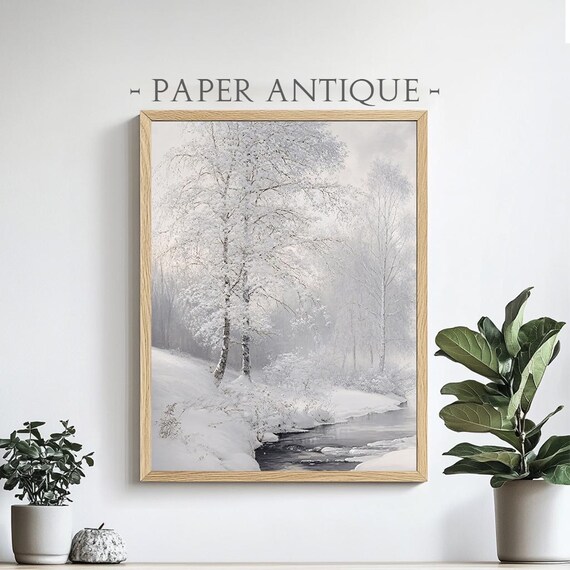 Serene Winter Landscape Snowy Trees and Stream Painting Poster