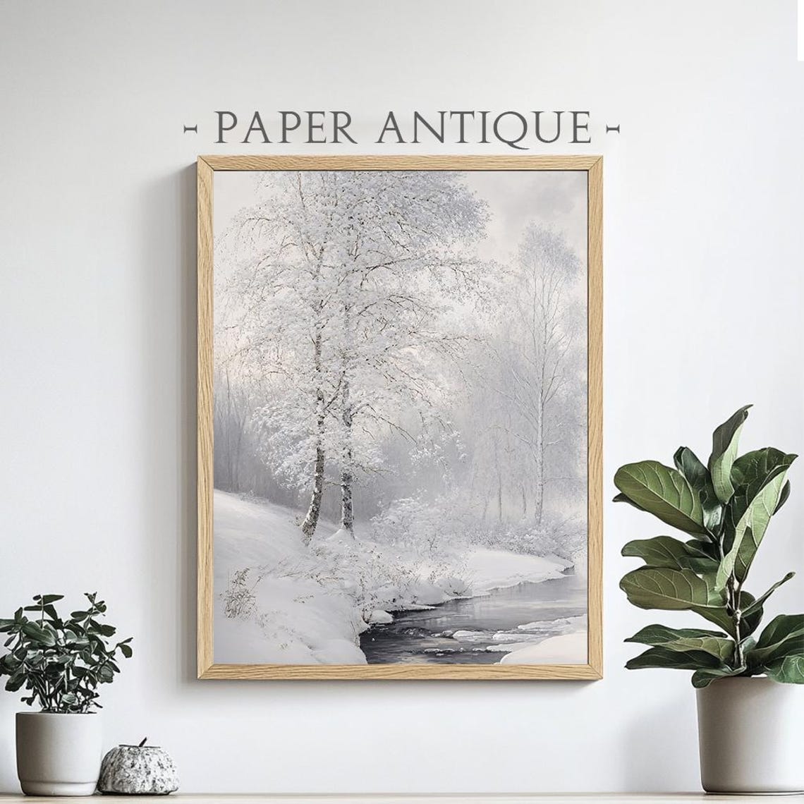 Serene Winter Landscape Snowy Trees and Stream Painting Poster