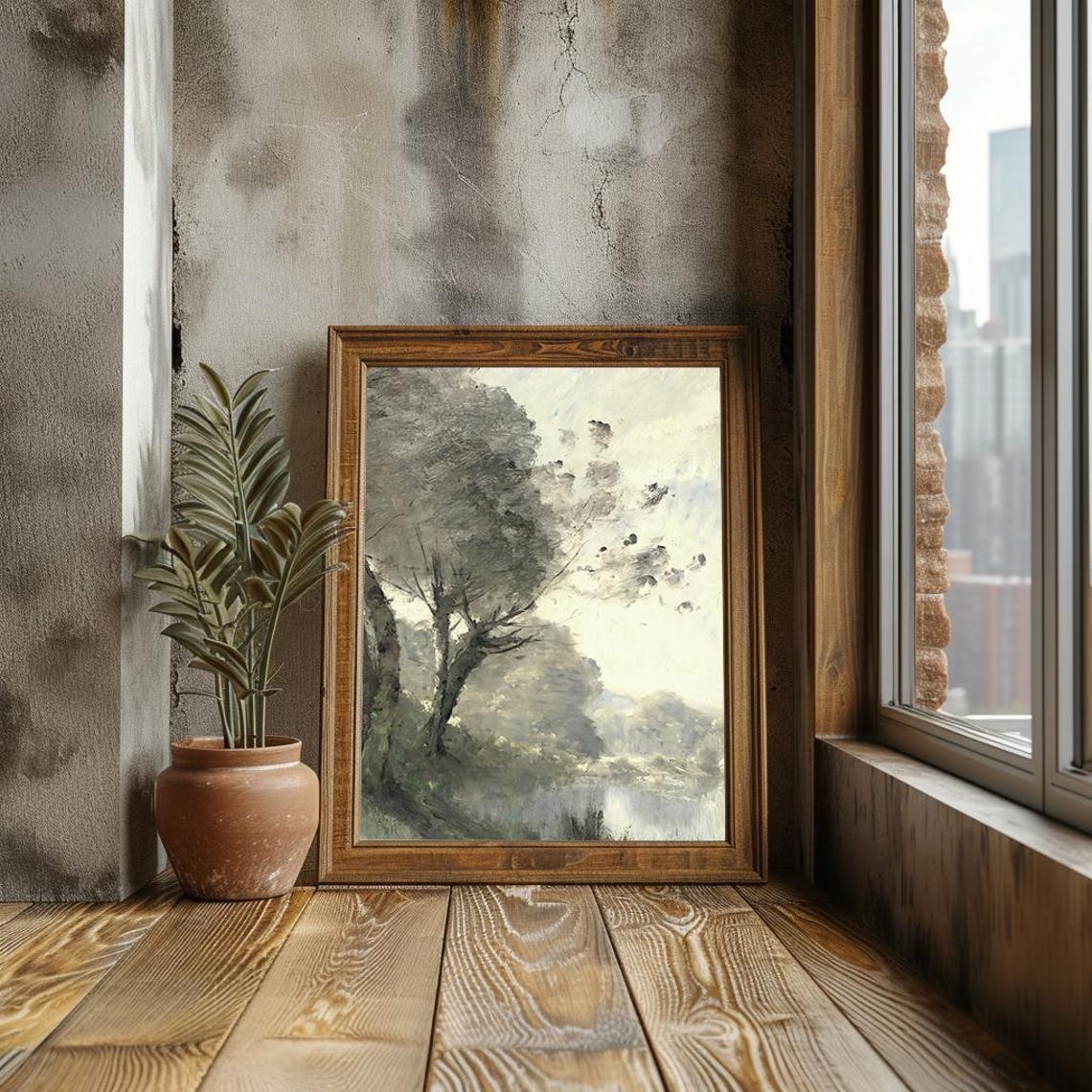 Misty Forest Landscape Moody Grayscale Oil Painting Tranquil Nature Wall Decor Wall Art Pt - Image 3