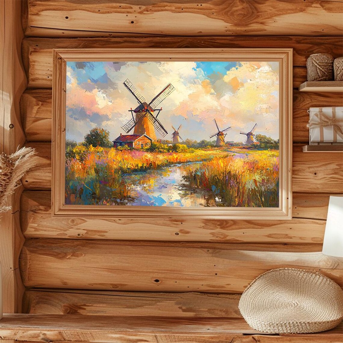 Colorful Dutch Windmills in Autumn Field Impressionist Oil Poster - Image 4