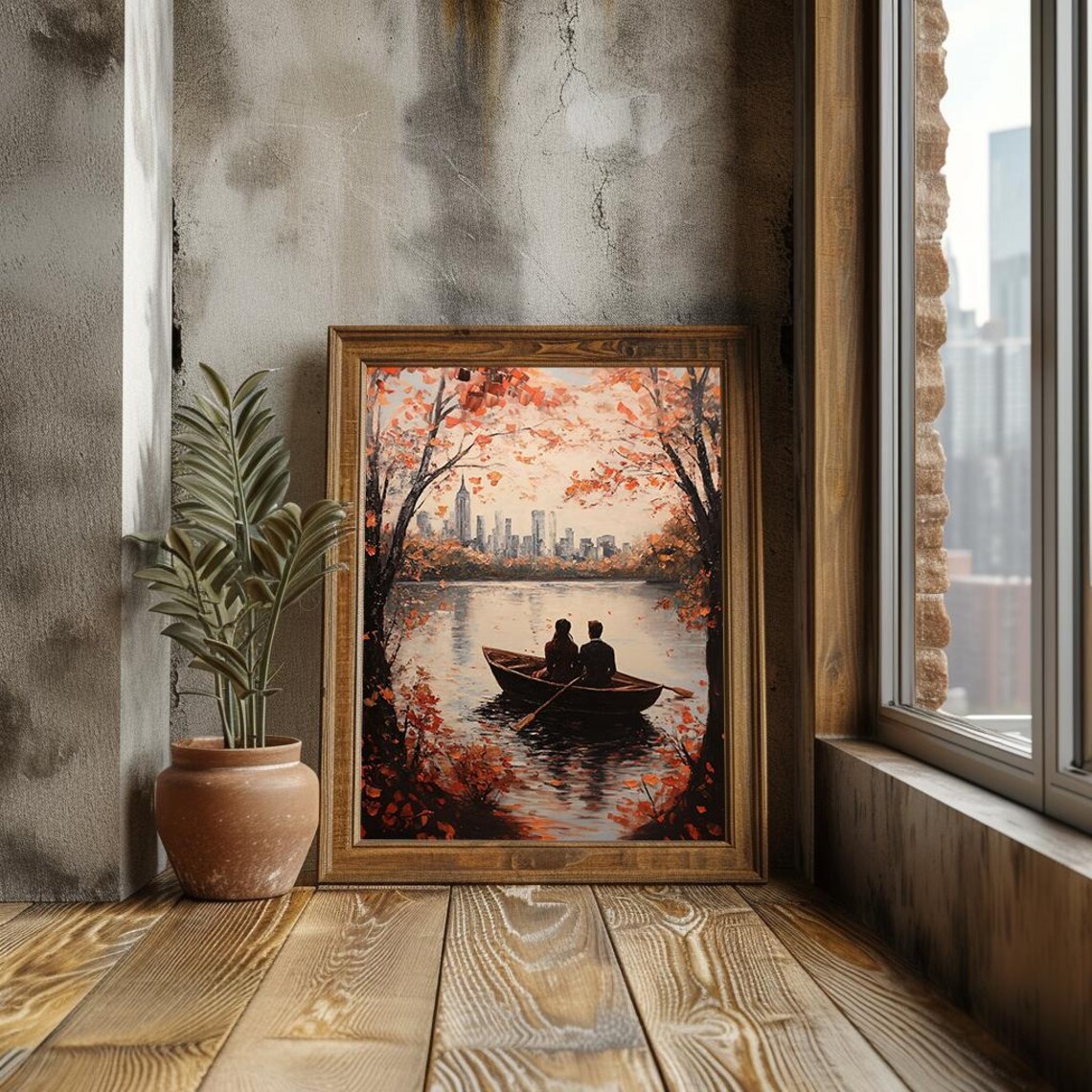 Couple Rowing Boat Autumn Lake City Skyline Romantic Painting Poster - Image 3