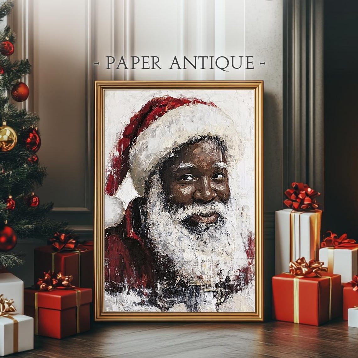 Black Santa Claus Portrait in Snowy Impasto Style Christmas Poster