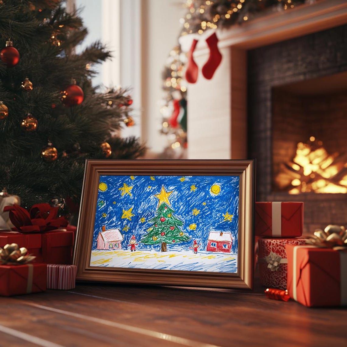 Childlike Crayon Drawing Christmas Tree Starry Night Kids Art Poster - Image 3