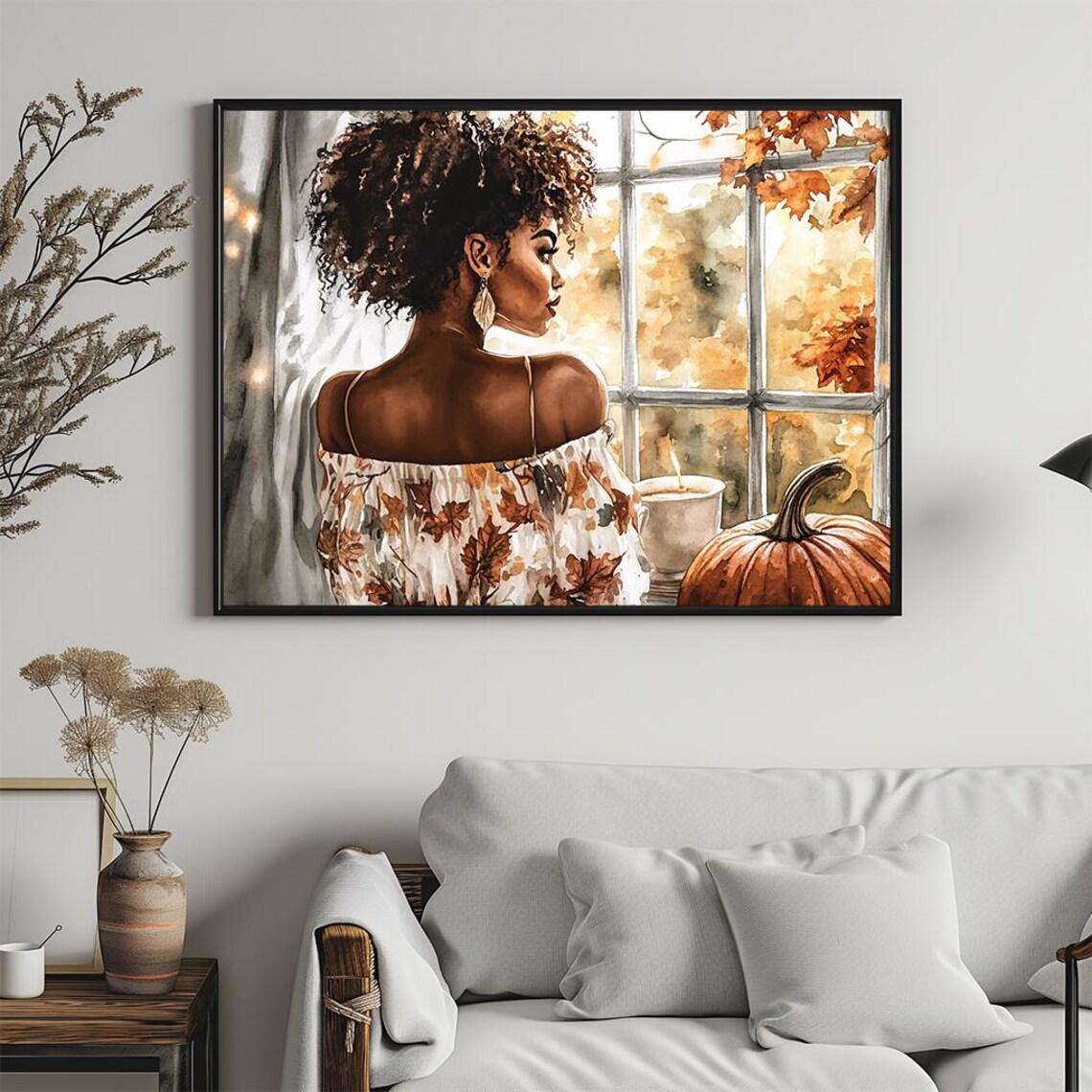Woman Gazing Out Autumn Window Cozy Fall Watercolor Portrait Poster - Image 5