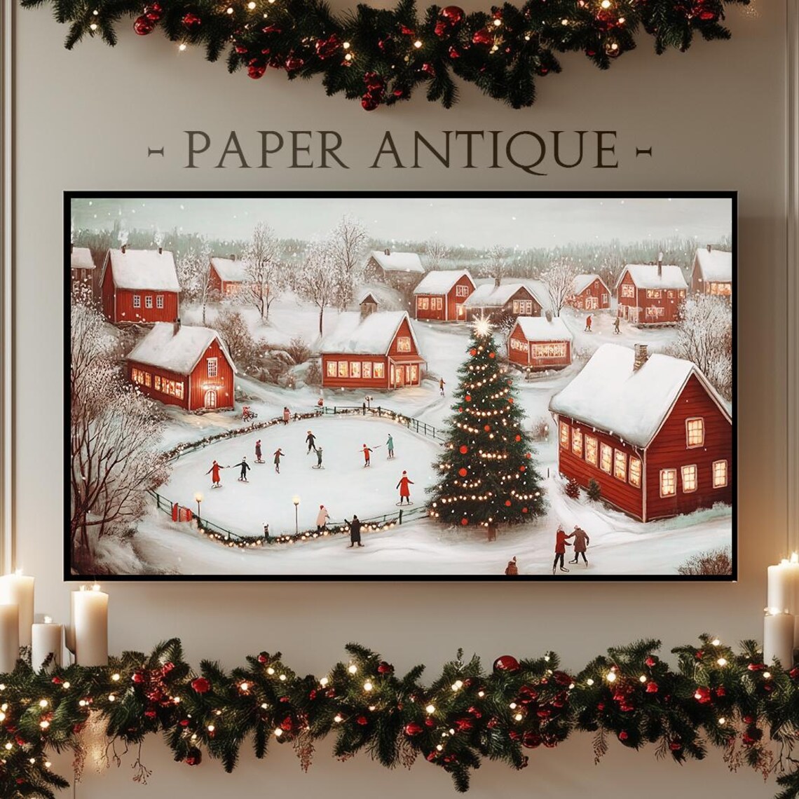 Winter Village Ice Skating Pond Red Houses Festive Christmas Poster