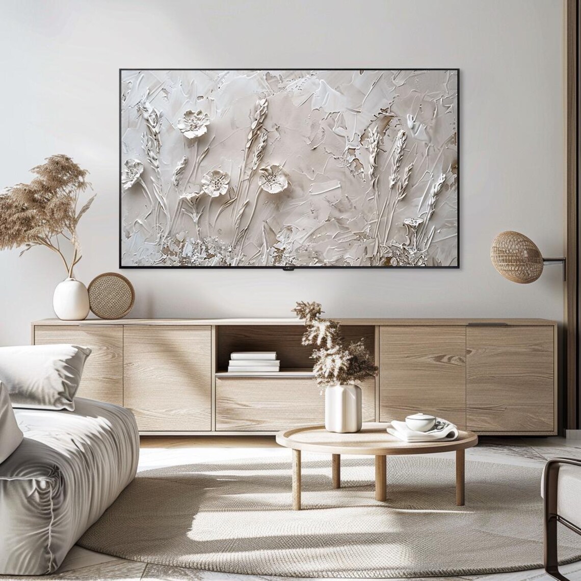 Textured White Relief Wildflowers Impasto Neutral Tones Poster - Image 5