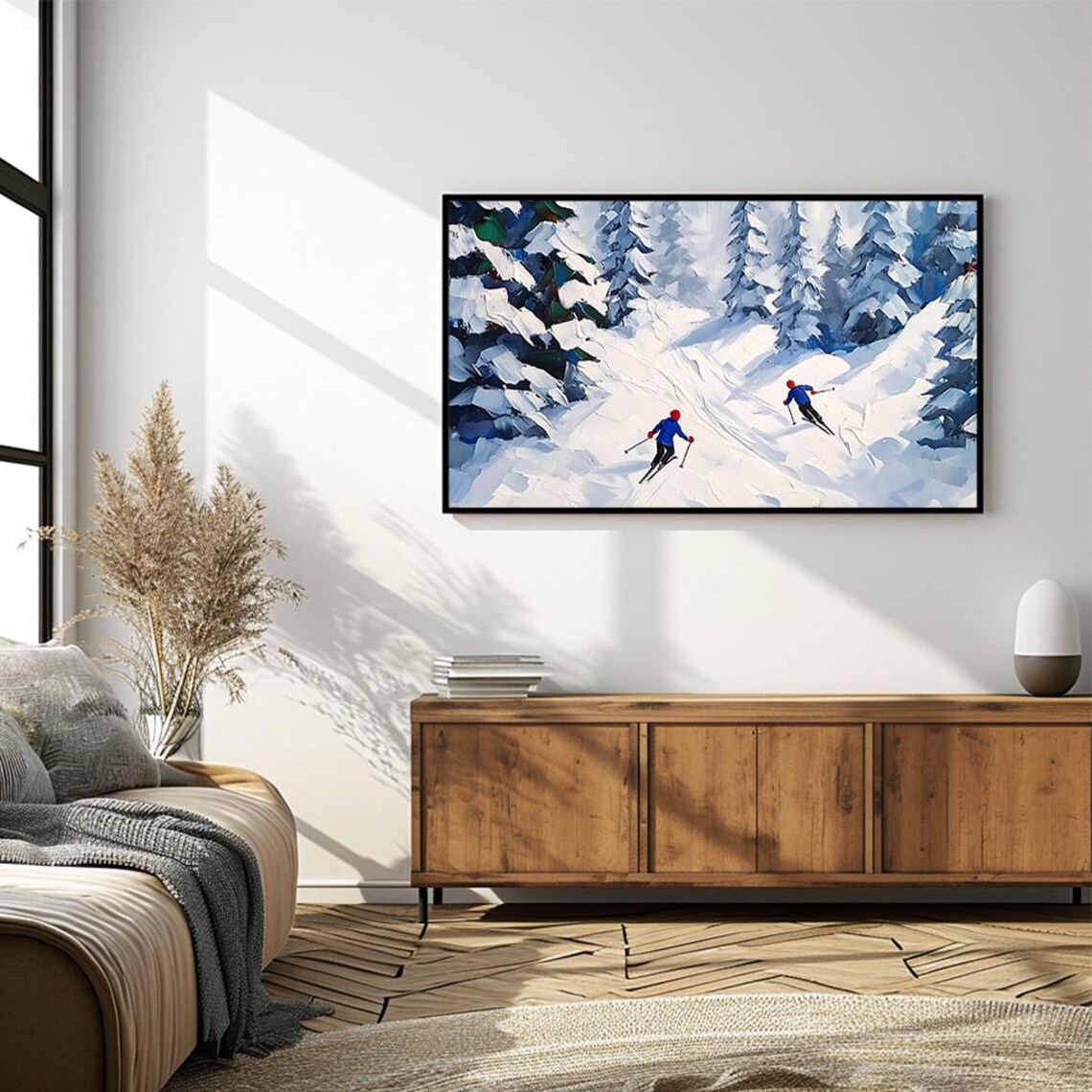 Two Skiers Descending Snowy Mountain Trail Oil Painting Winter Poster - Image 4