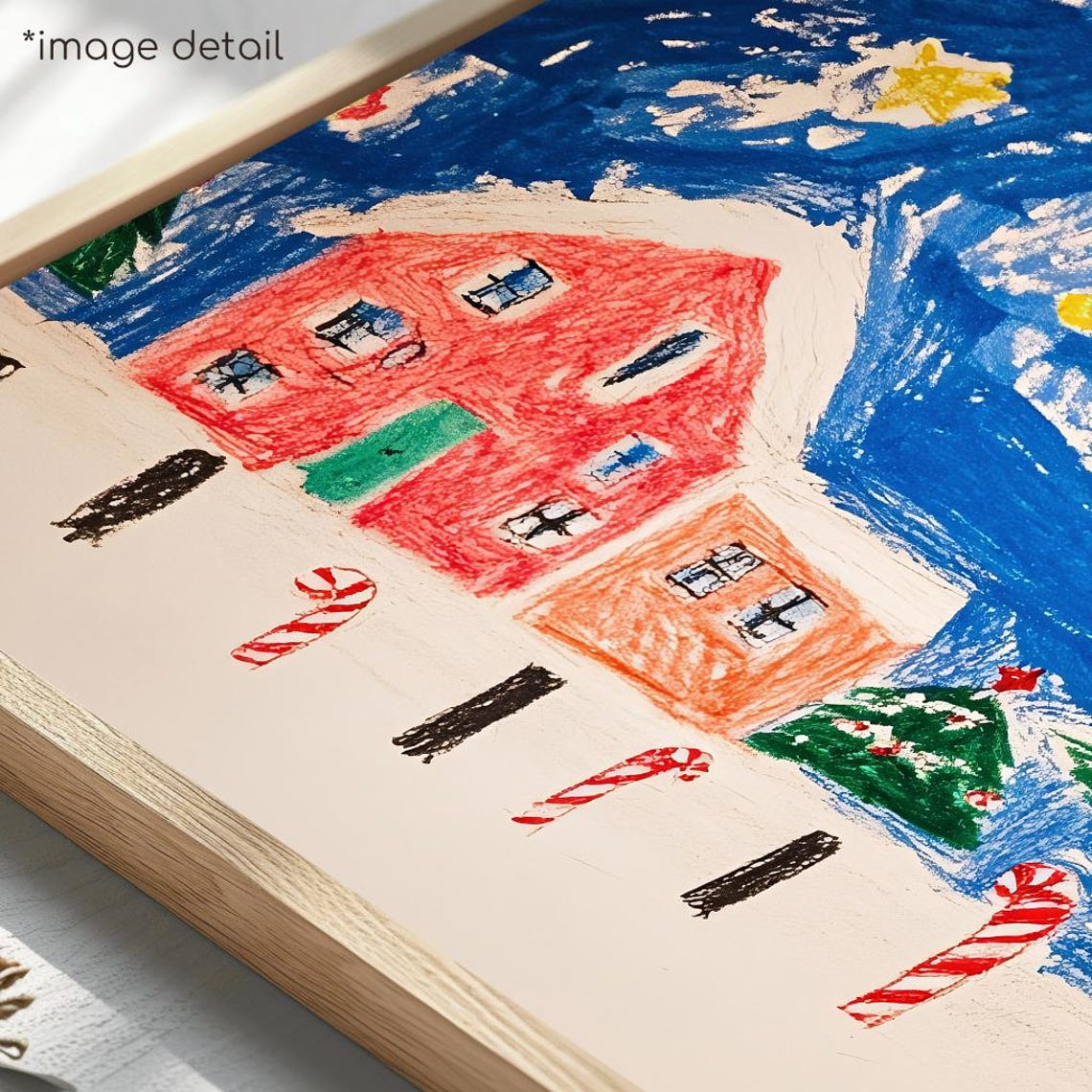 Kids Crayon Drawing Christmas Village Tree Candy Canes Night Poster - Image 4