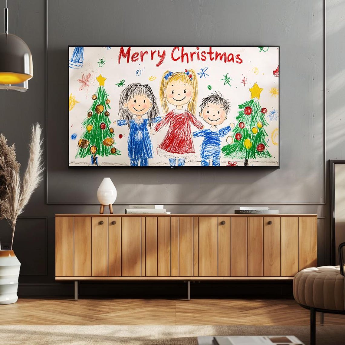 Merry Christmas Kids Crayon Drawing Joyful Children Tree Poster - Image 4