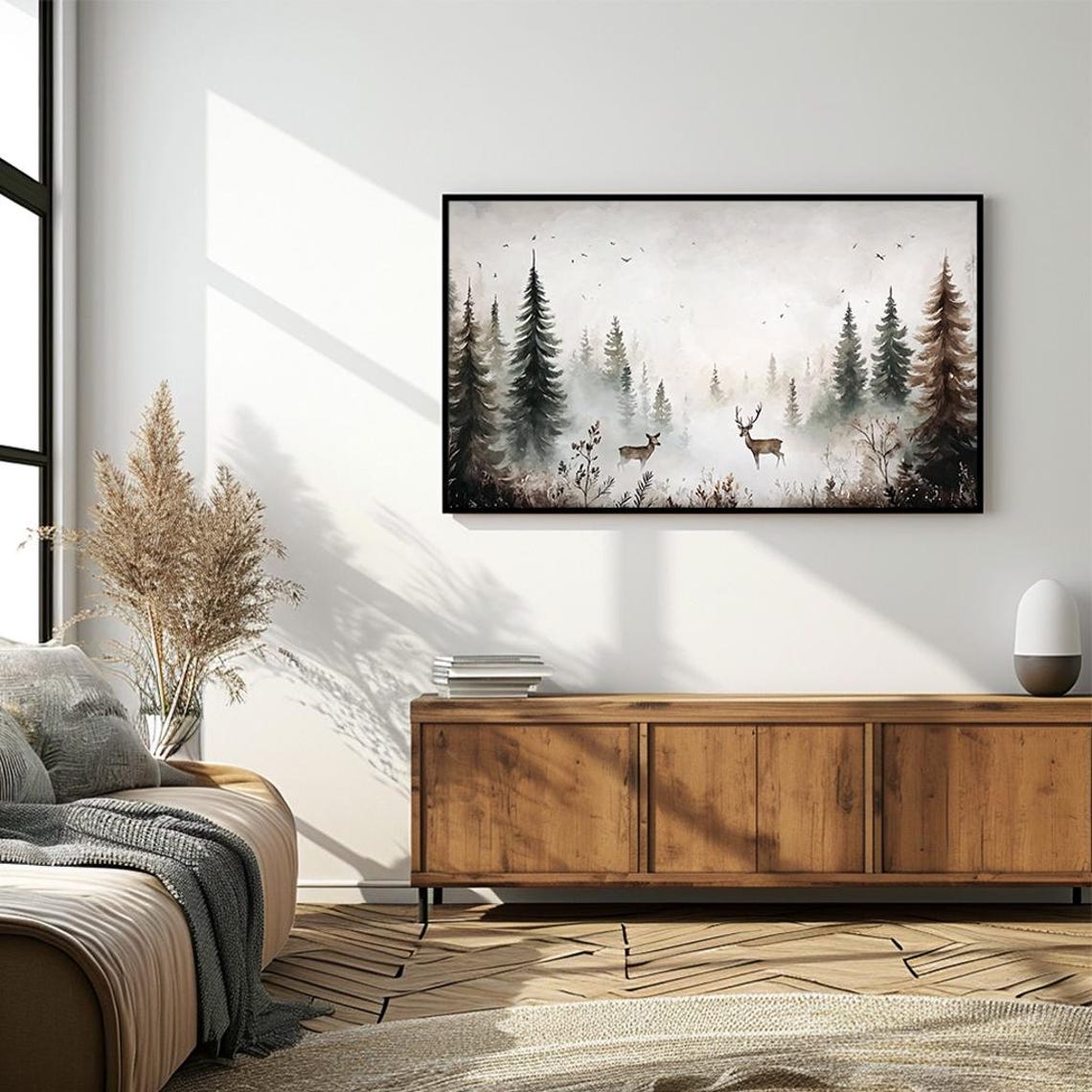 Deer Pair in Misty Pine Forest Watercolor Wildlife Scene Poster - Image 4