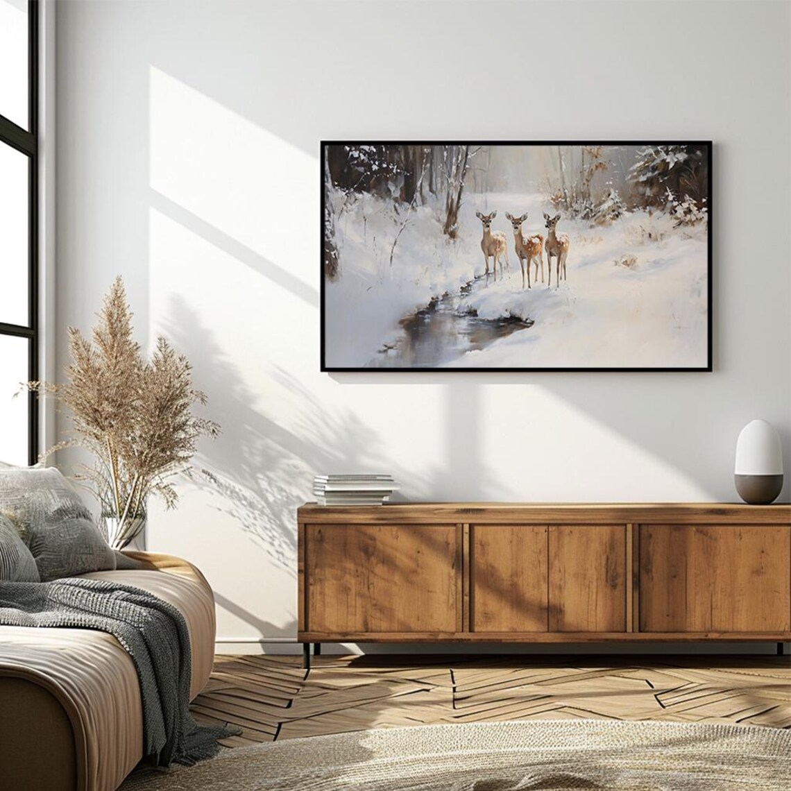 Winter Deer Painting Trio of Fawns in Snowy Forest Landscape Poster - Image 4