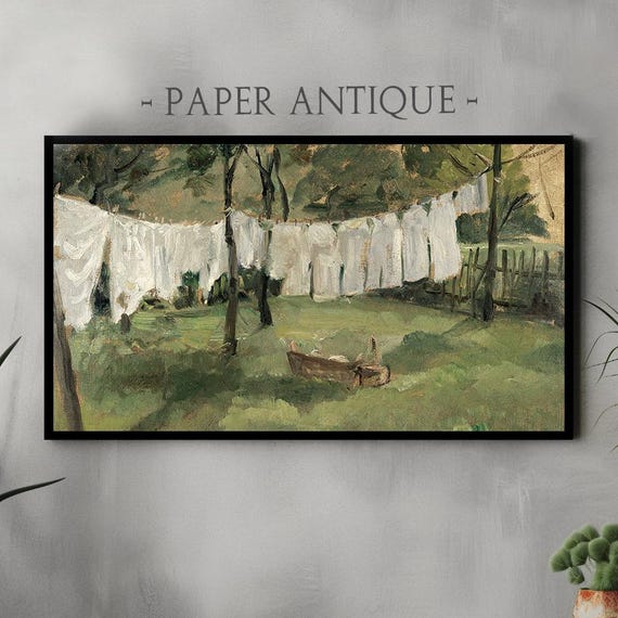 Frame Tv Art Clothes Drying On A Line In Sunlit Garden Classic Oil Painting Warm And Rustic Scene Vintage Farm Aesthetic