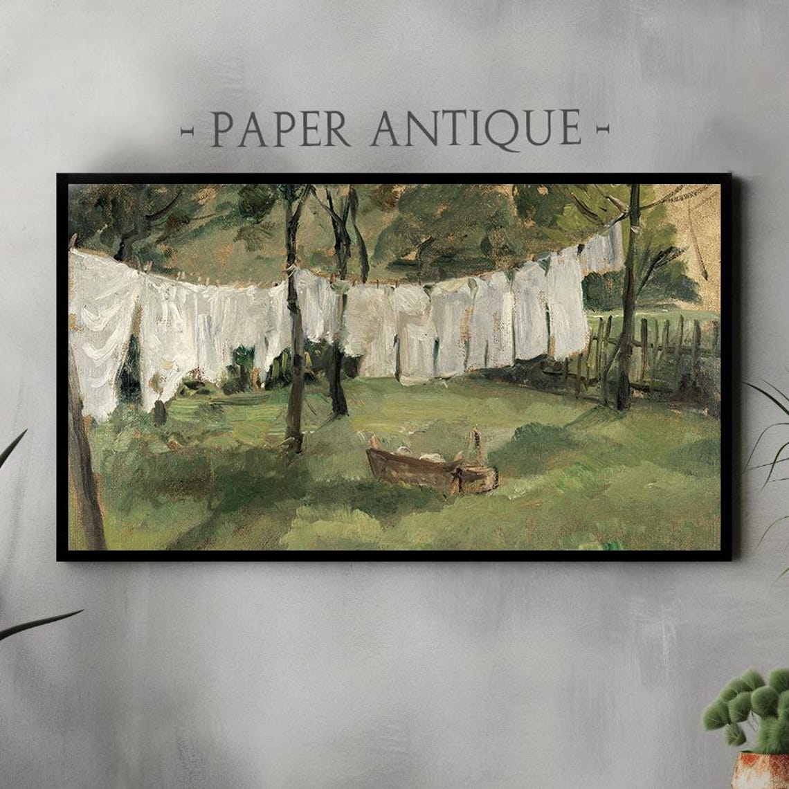 Clothesline with White Linen Sunlit Garden Vintage Painting Poster