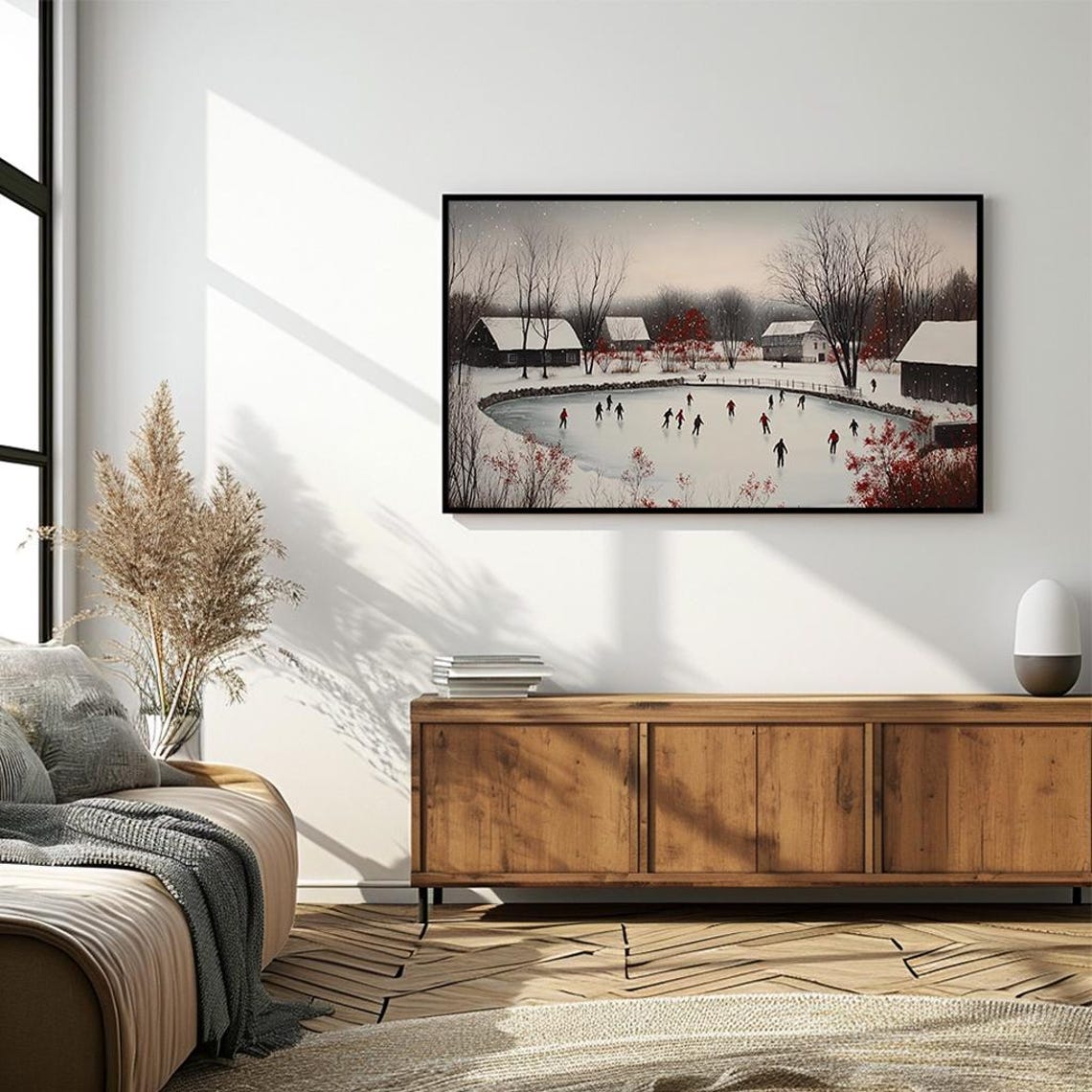 Frozen Farm Pond Ice Skaters Winter Landscape Rustic Painting Poster - Image 4