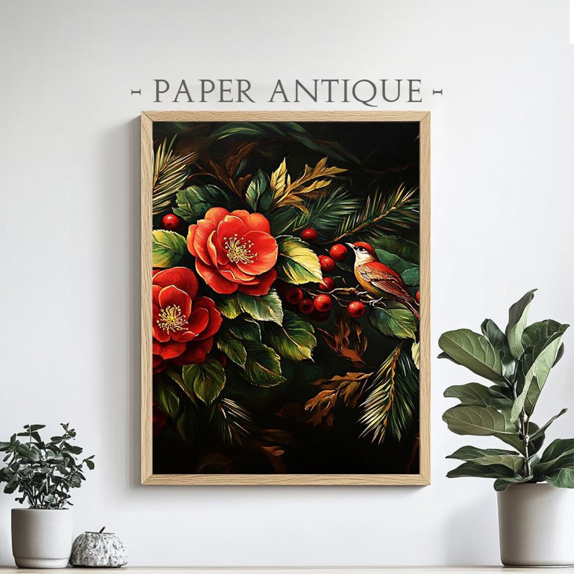 Red Camellias And Berries With Bird Moody Floral Oil Painting Poster