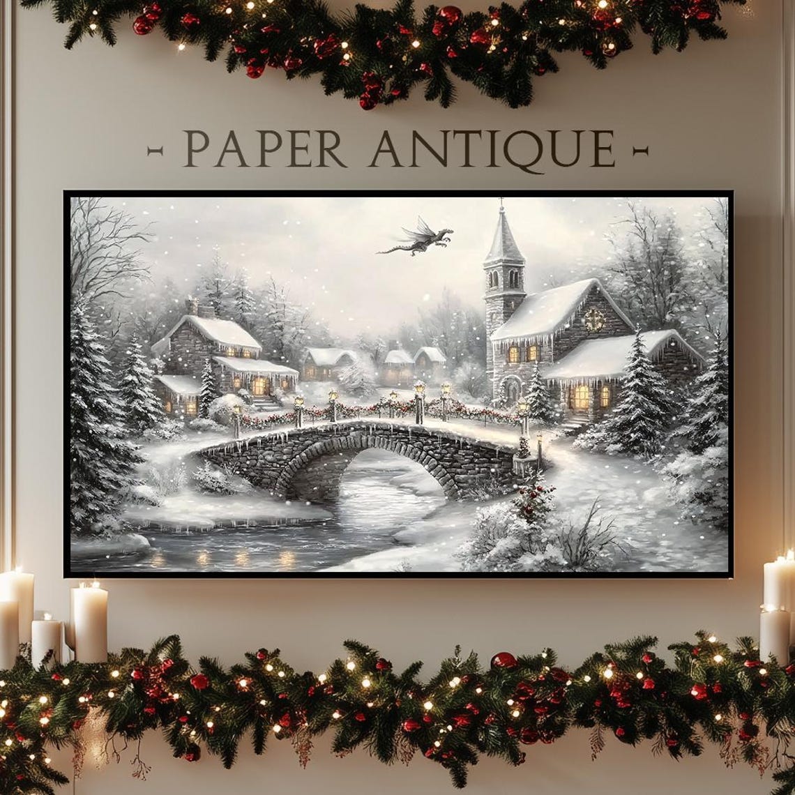 Enchanted Winter Village Stone Bridge Church Snow Scene Poster