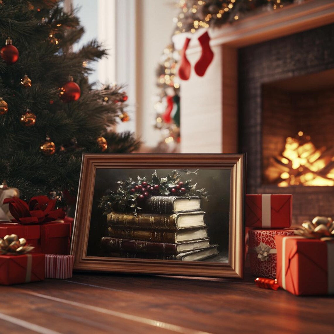 Vintage Books Stack Holly Berries Dark Academia Painting Poster - Image 3