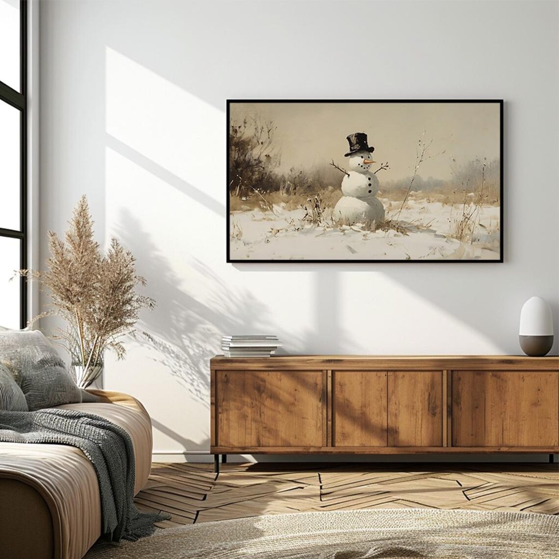 Snowman In Winter Landscape Vintage Oil Painting Cozy Holiday Poster - Image 4