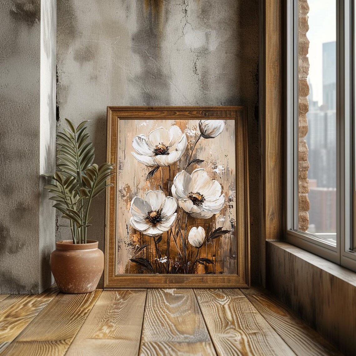 White Floral Oil Painting Rustic Neutral Flower Bloom Art Poster - Image 3
