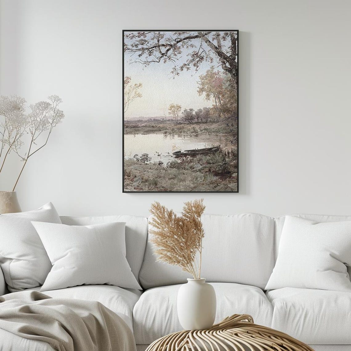Serene Lakeside With Rowboat Rustic Watercolor Landscape Poster - Image 5