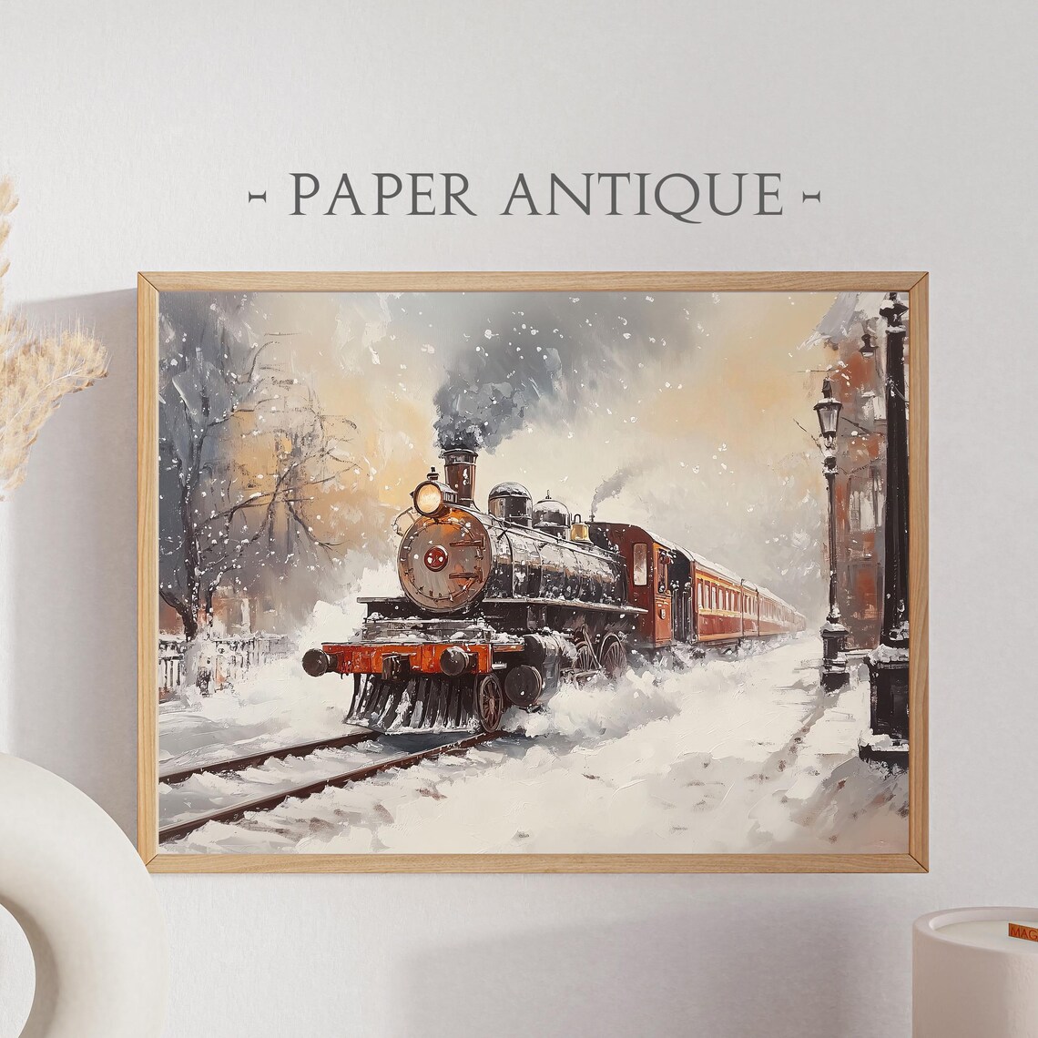 Vintage Steam Train in Snowy Town Winter Oil Painting Poster