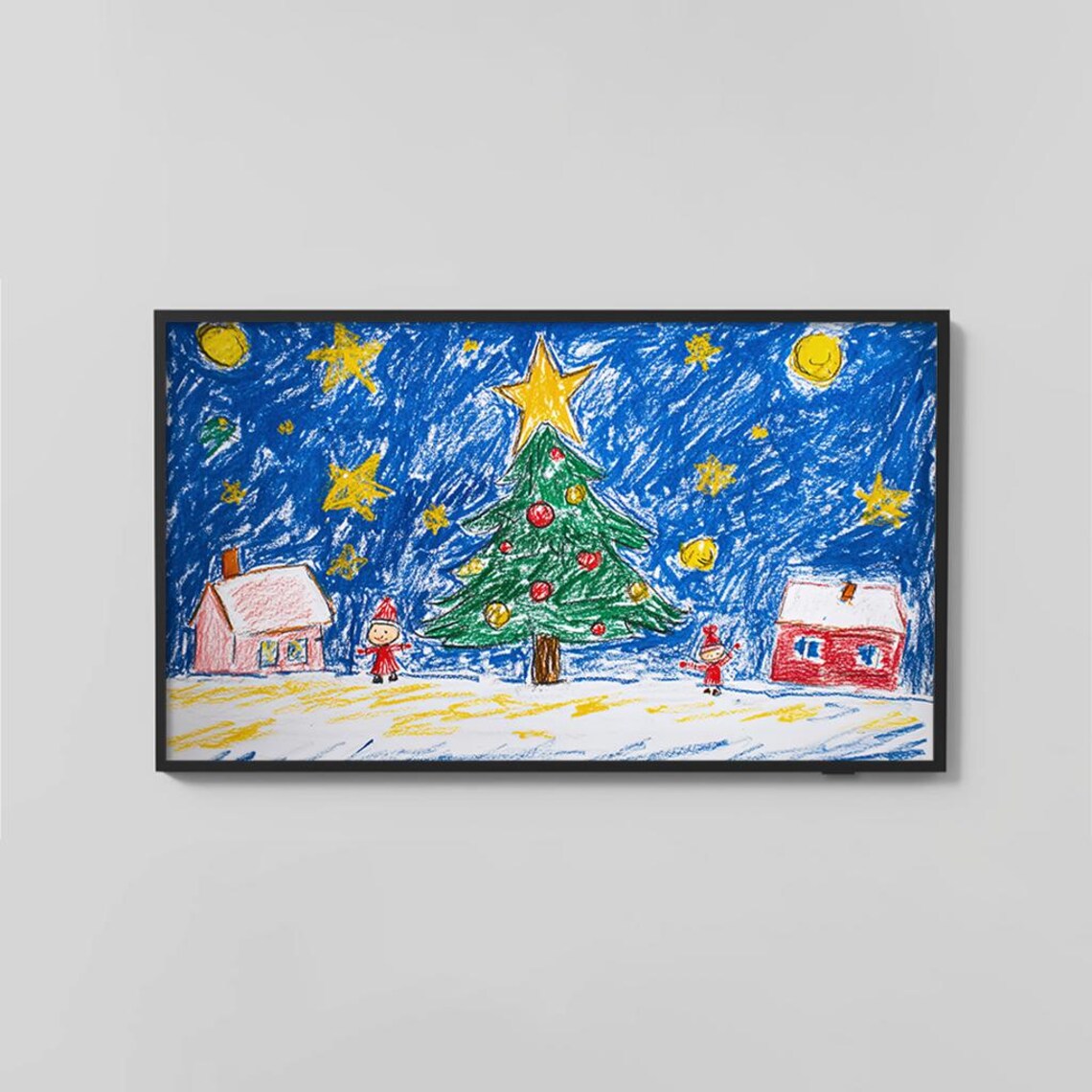 Kids Crayon Christmas Drawing Whimsical Tree Night Sky Poster - Image 2