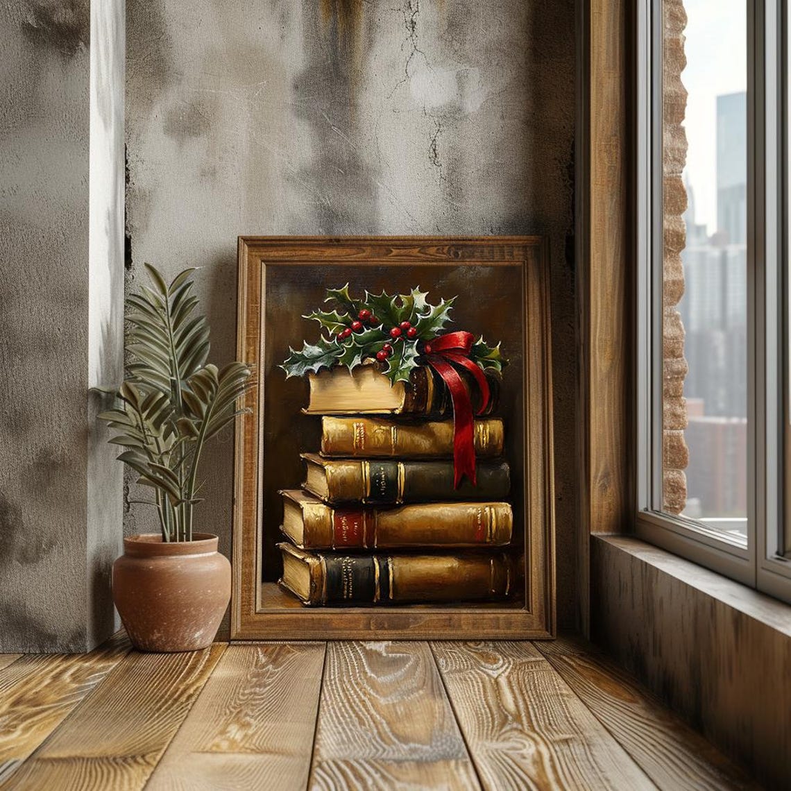 Vintage Books Stack With Holly And Red Ribbon Christmas Poster - Image 3