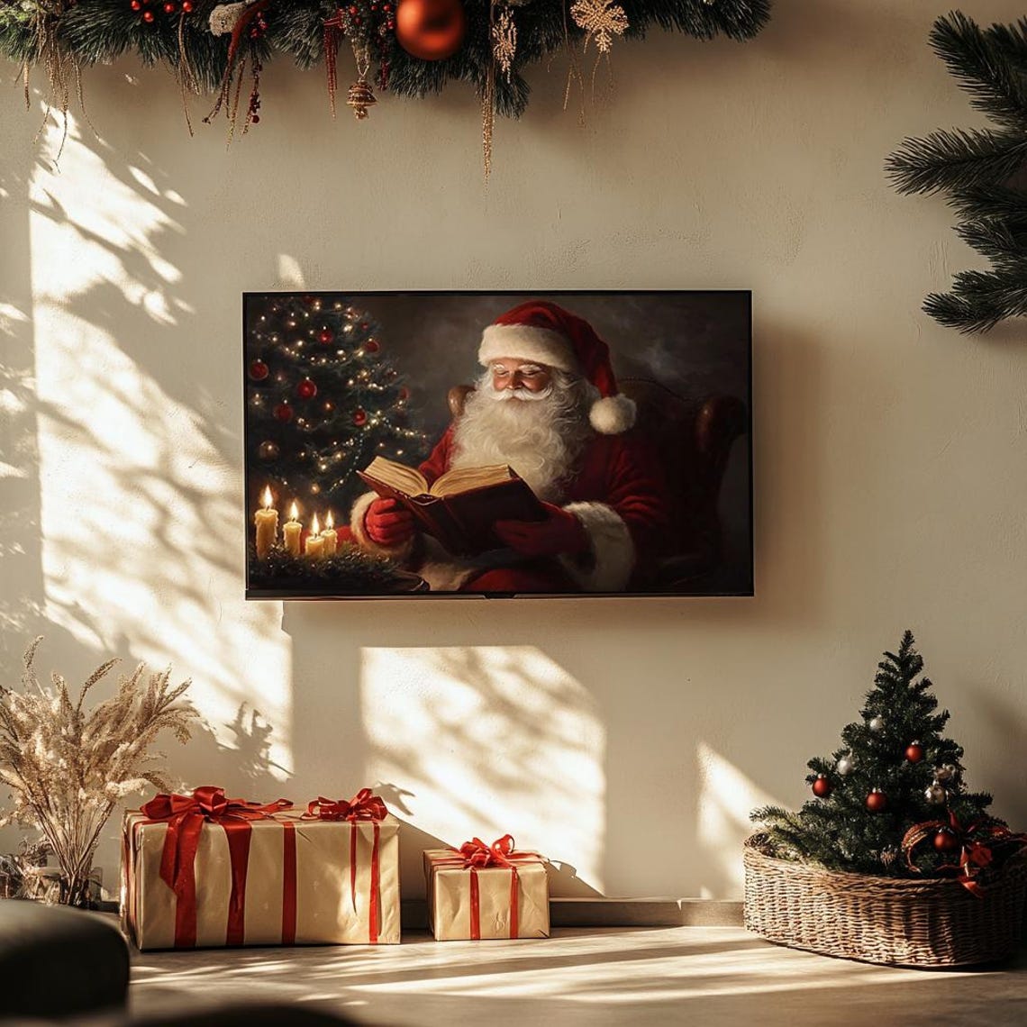 Santa Claus Reading by Christmas Tree Candlelight Oil Poster - Image 3