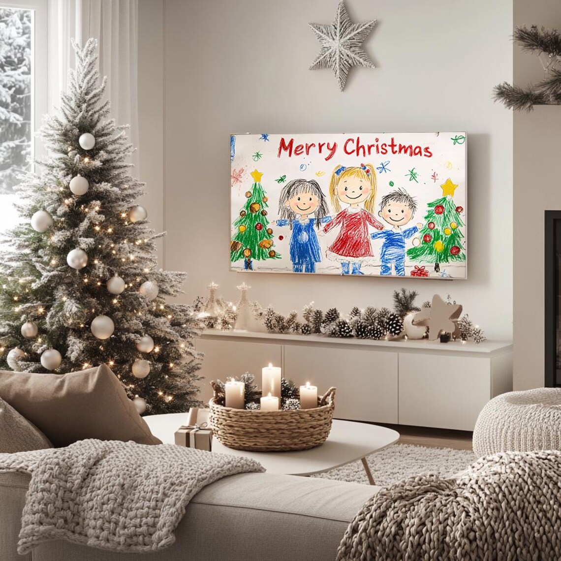Merry Christmas Kids Crayon Drawing Joyful Children Tree Poster - Image 5