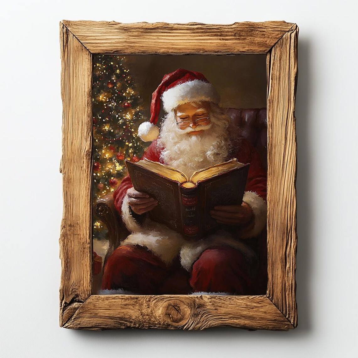 Santa Claus Reading Book By Christmas Tree Cozy Holiday Poster - Image 2