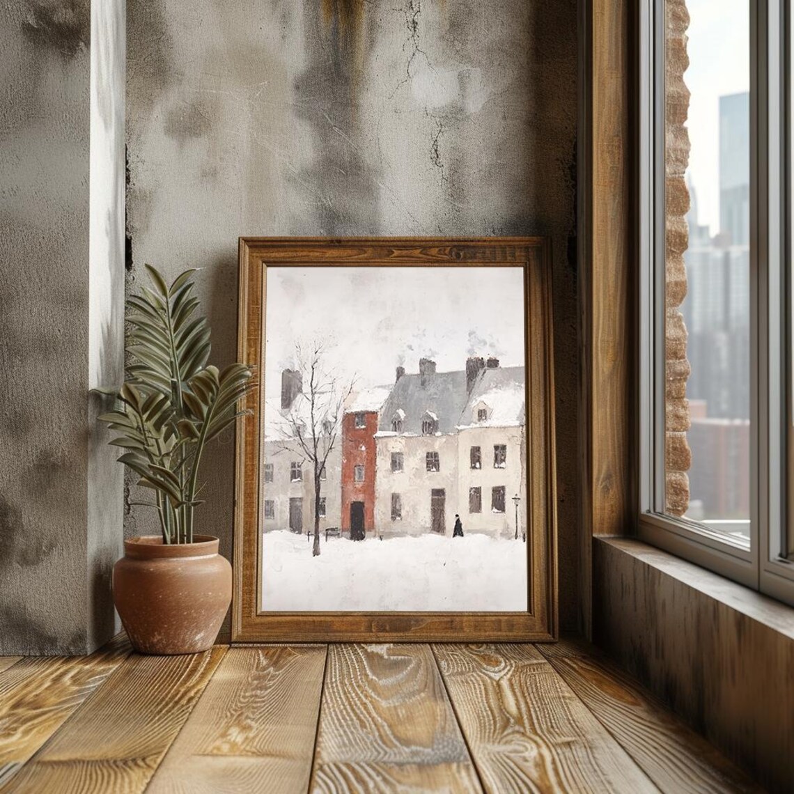 Snowy Winter City Street With Historic Houses Oil Painting Poster - Image 3