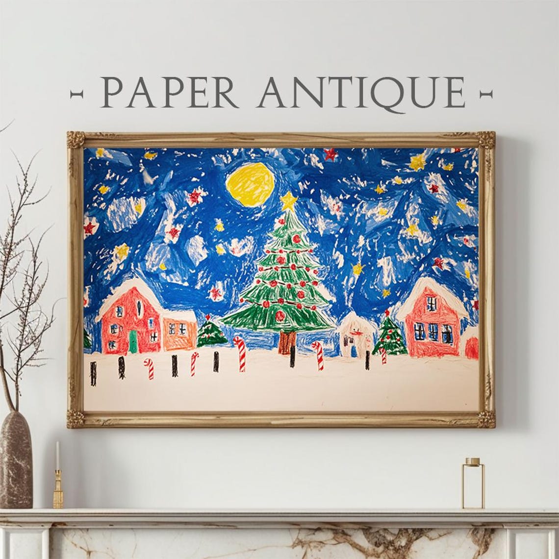 Kids Crayon Drawing Christmas Village Tree Candy Canes Night Poster