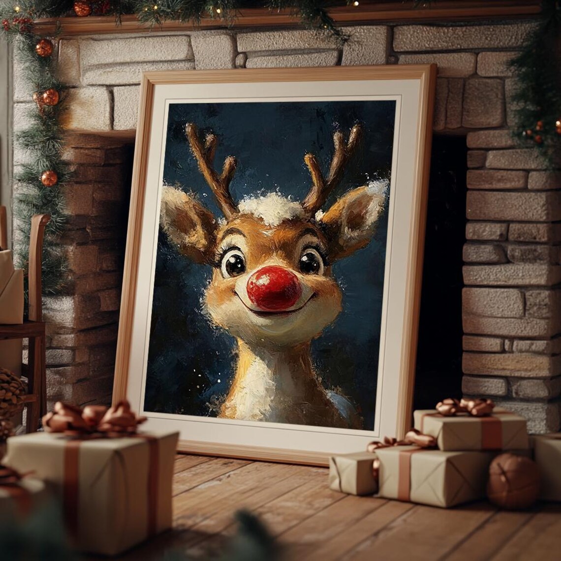 Rudolph Red Nosed Reindeer Cute Holiday Oil Painting Art Poster - Image 3