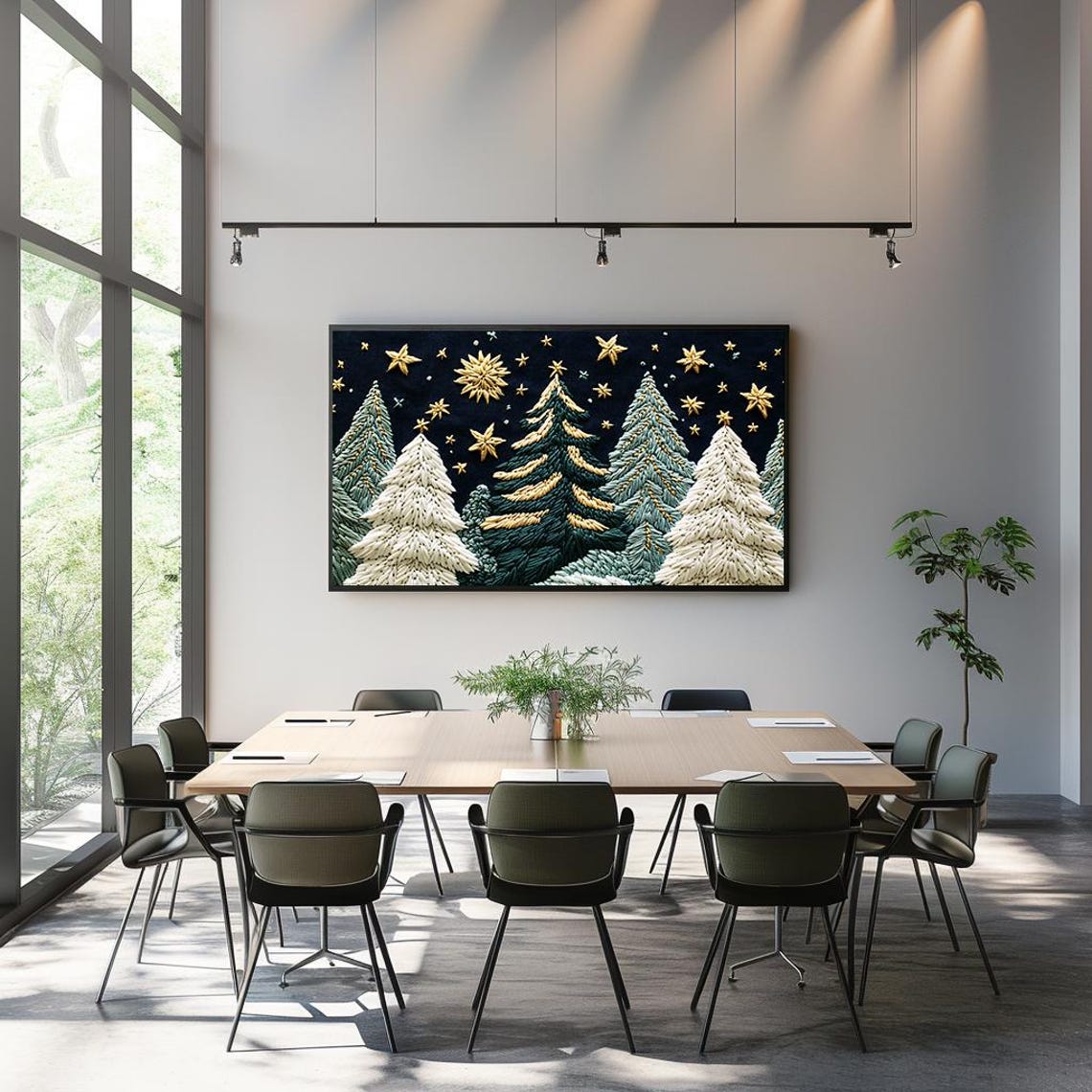 Embroidered Winter Night Forest With Golden Stars Textile Art Poster - Image 3