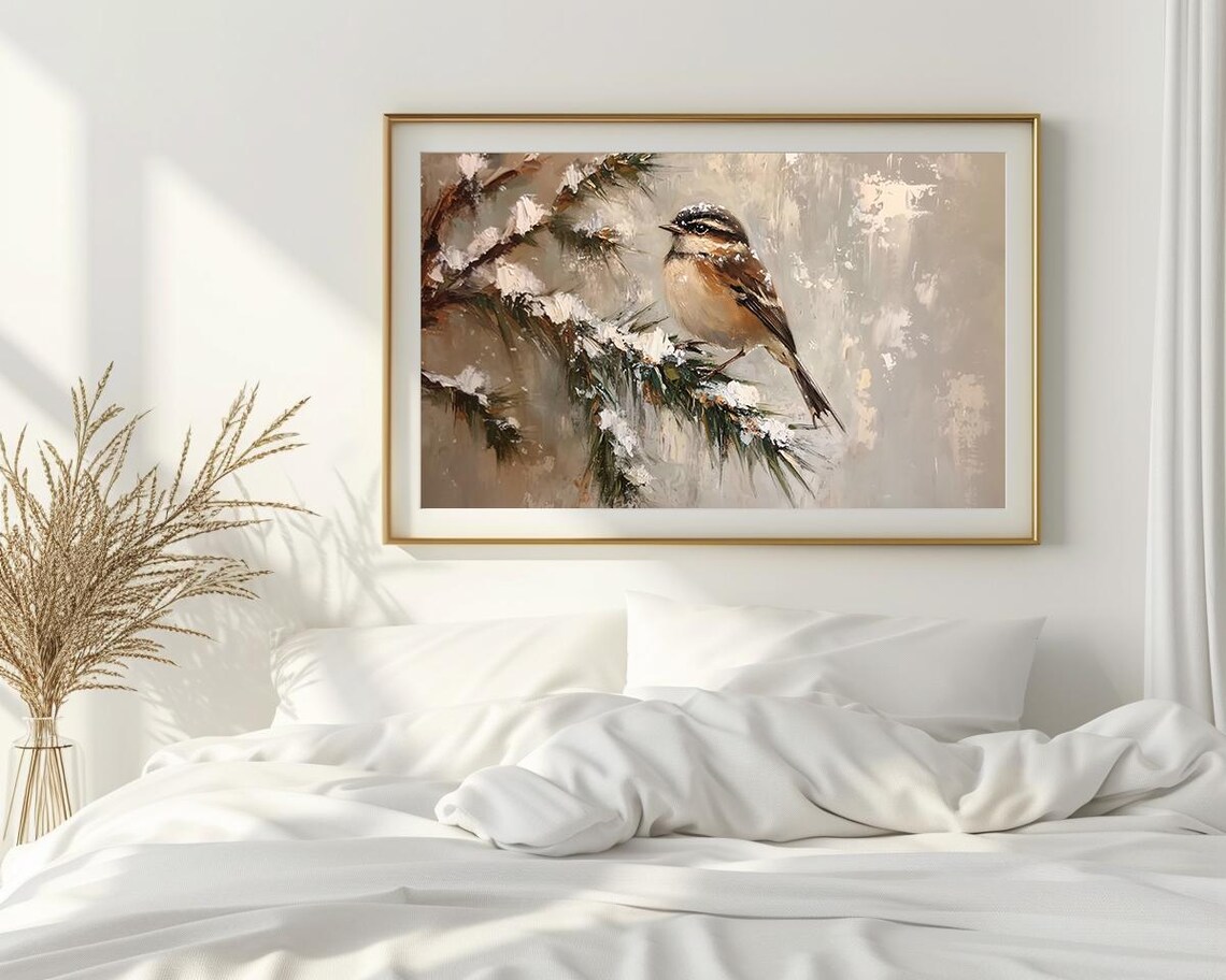 Small Bird Snowy Pine Branch Muted Winter Painting Art Poster - Image 2