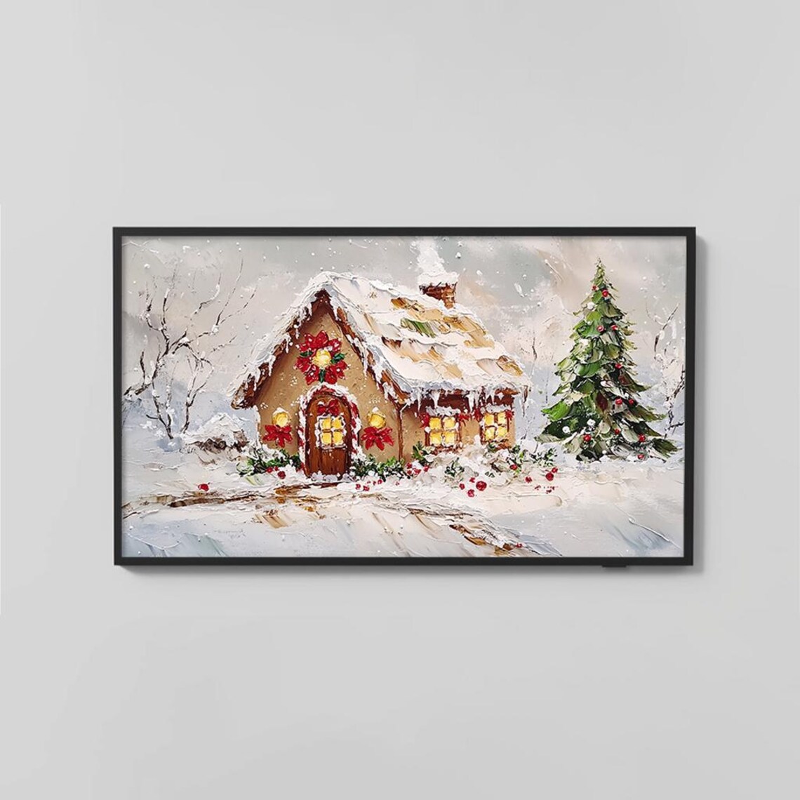 Snowy Cottage With Red Bows Christmas Tree Winter Art Poster - Image 2