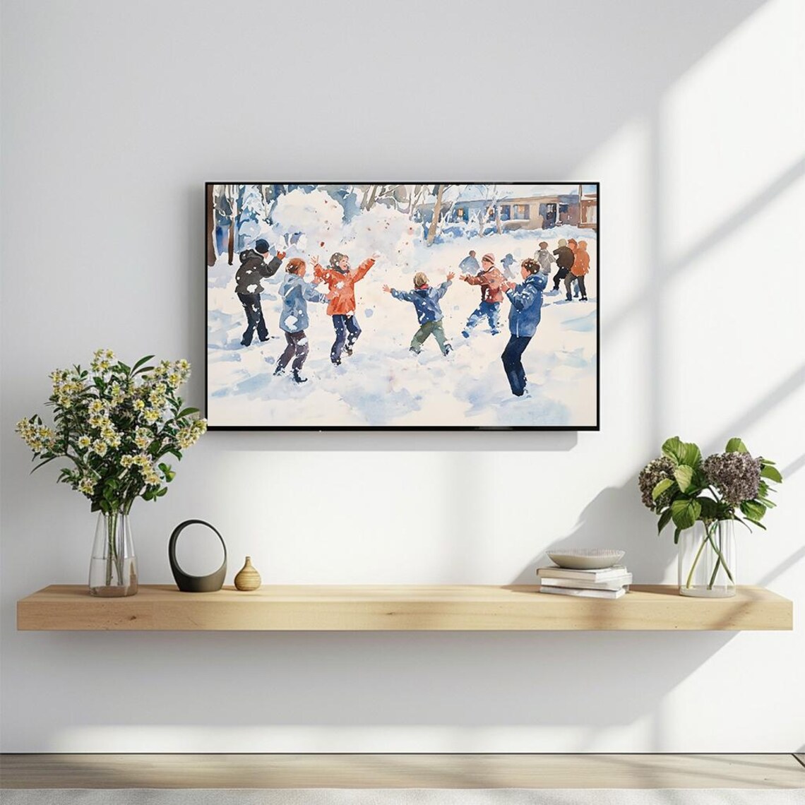 Children Snowball Fight Joyful Winter Play Watercolor Scene Poster - Image 2