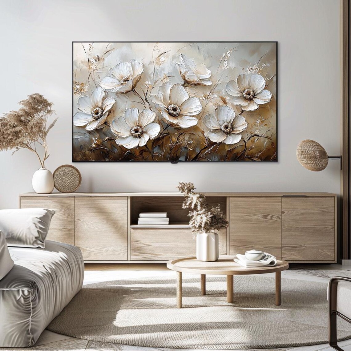 White Anemones Textured Impasto Warm Beige Floral Oil Painting Poster - Image 5