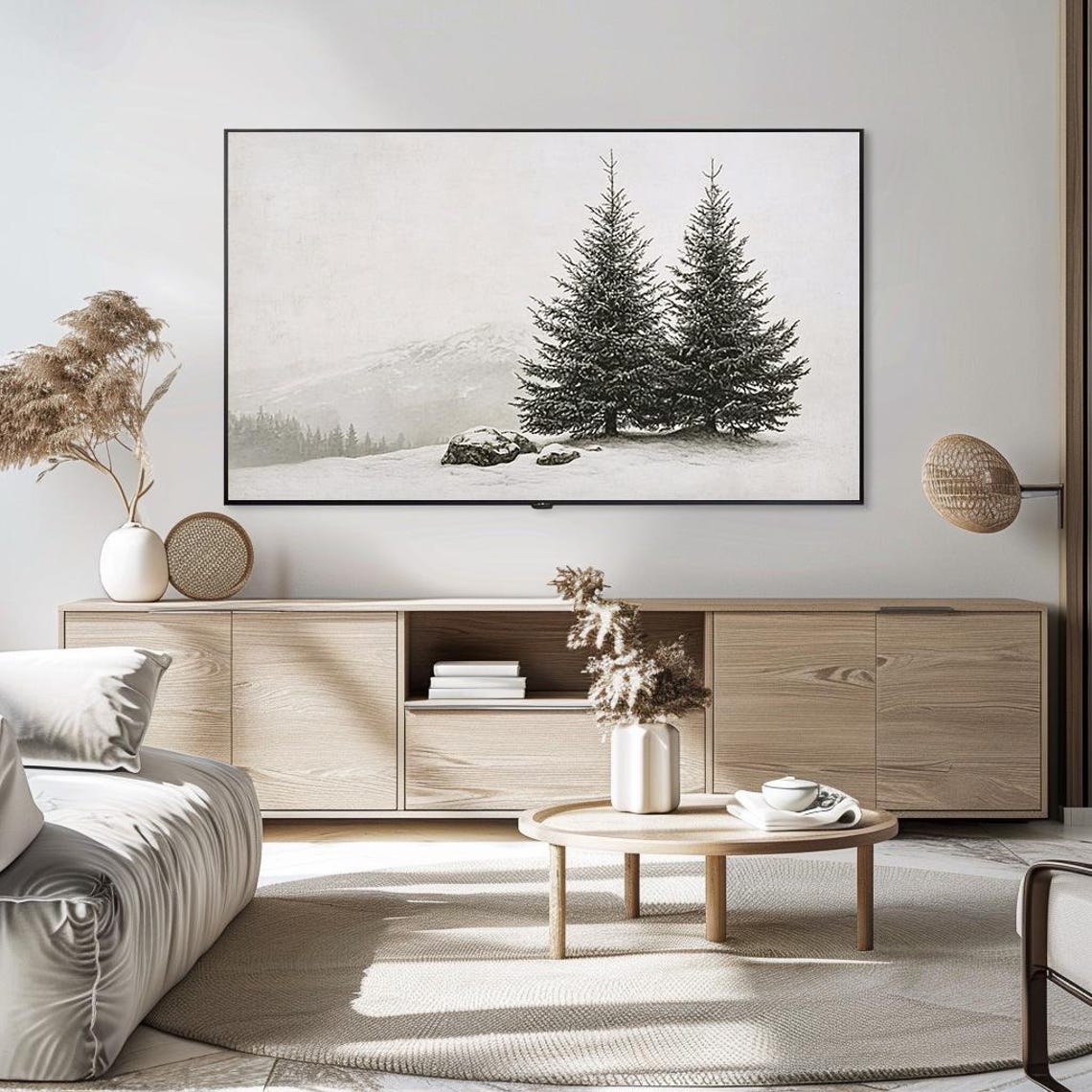 Snowy Evergreen Trees Gray Mountain Winter Landscape Art Poster - Image 5