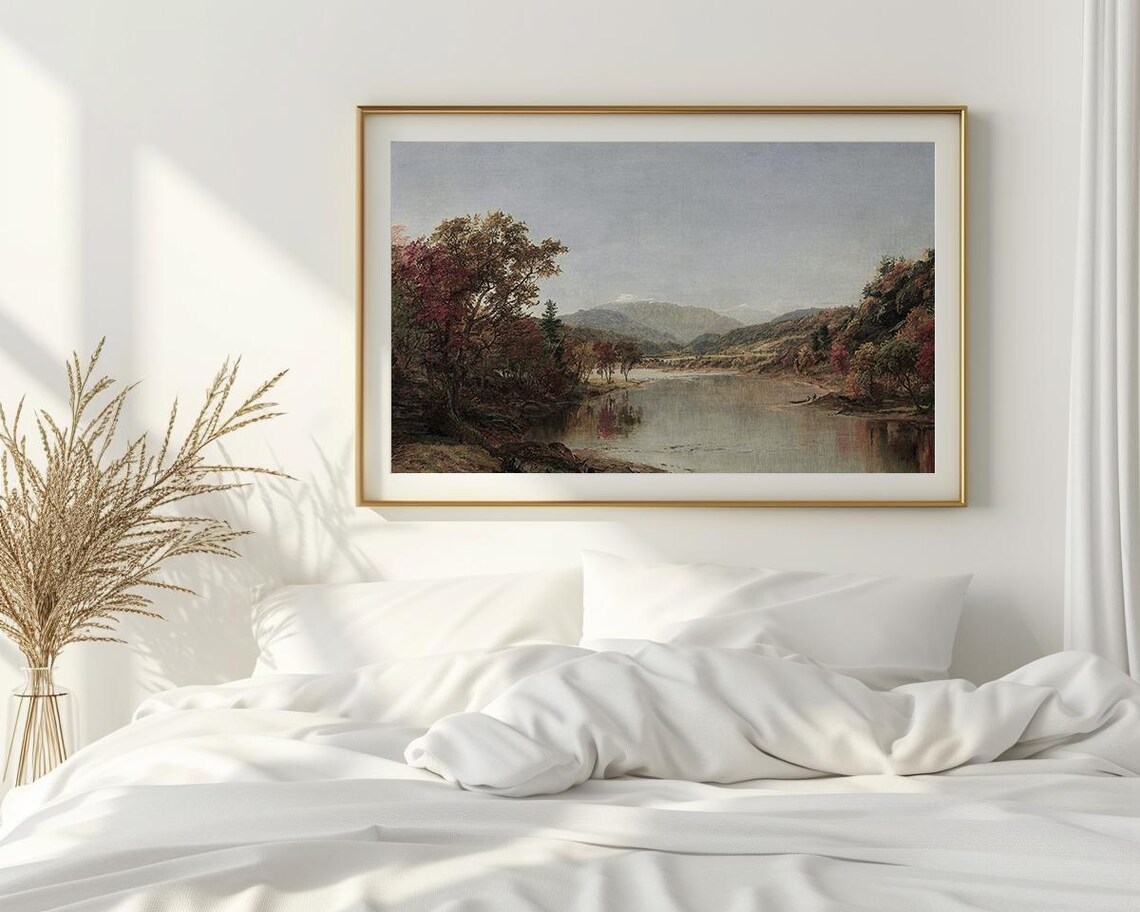 Mountain River Autumn Trees Calm Water Scenic Painting Poster - Image 2