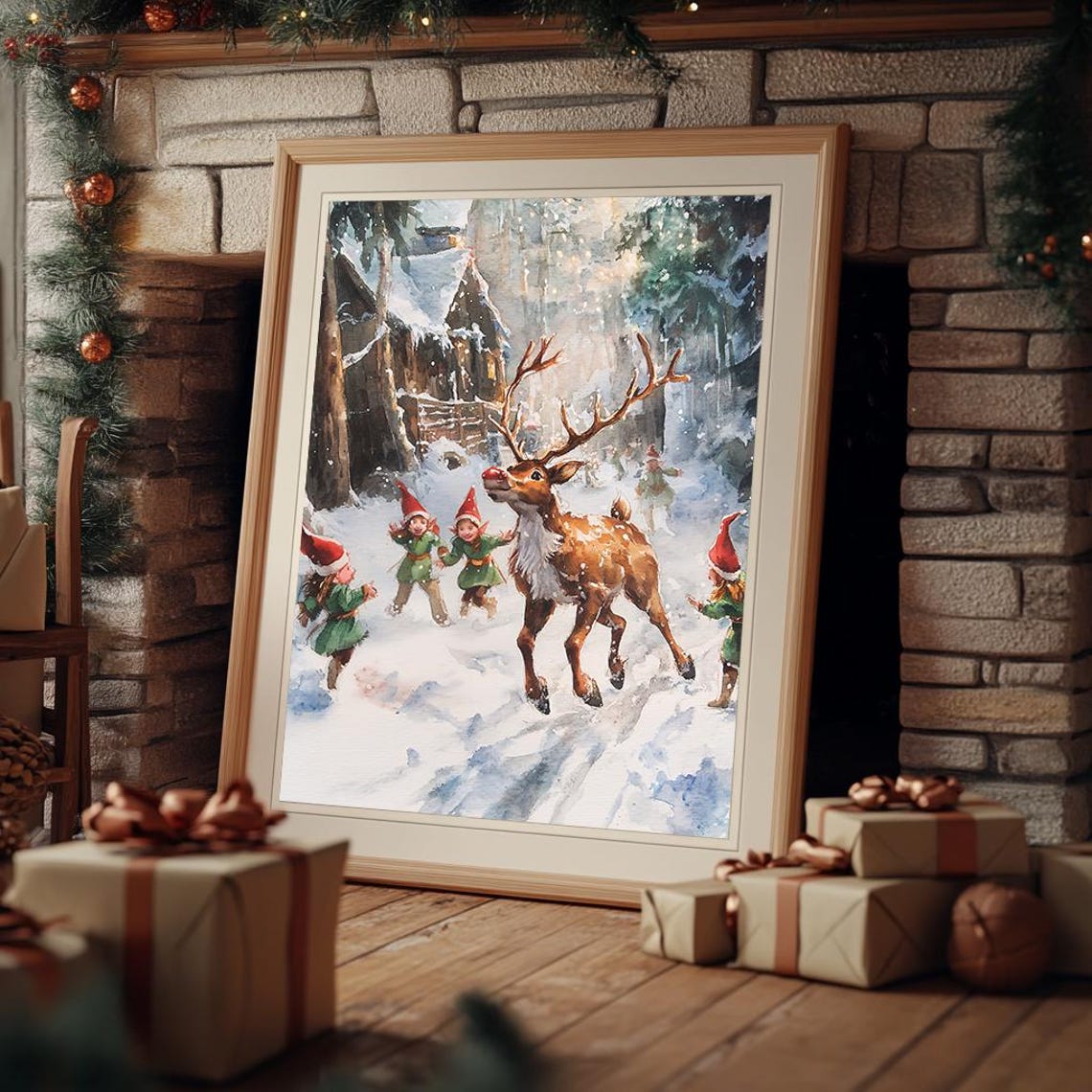 Red Nosed Reindeer Playing With Elves In Snowy Village Poster - Image 2