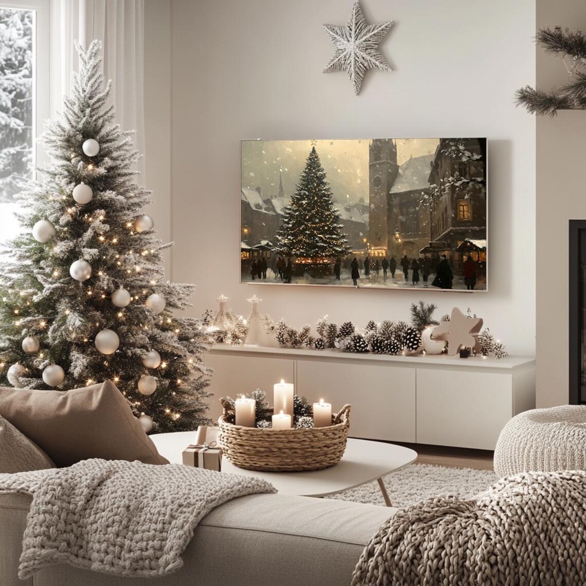 Christmas Market Town Square With Grand Lit Tree Snowy Art Poster - Image 5
