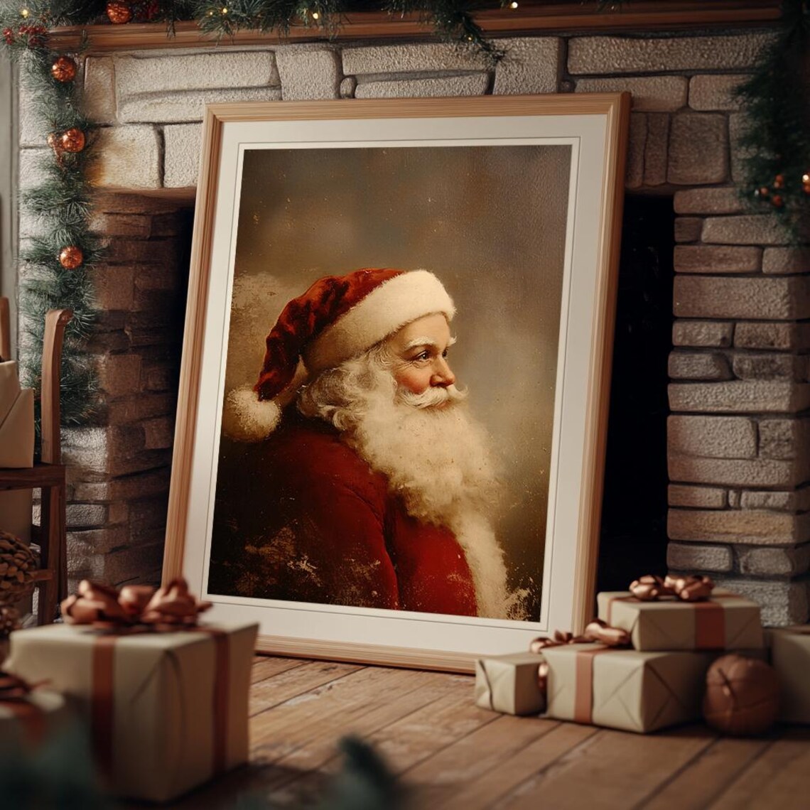 Santa Claus In Red Suit Profile Portrait Moody Vintage Painting Poster - Image 3