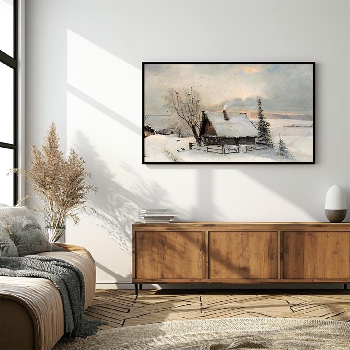 Snowy Winter Cottage Smoke Chimney Rustic Snowfield Painting Poster - Image 4