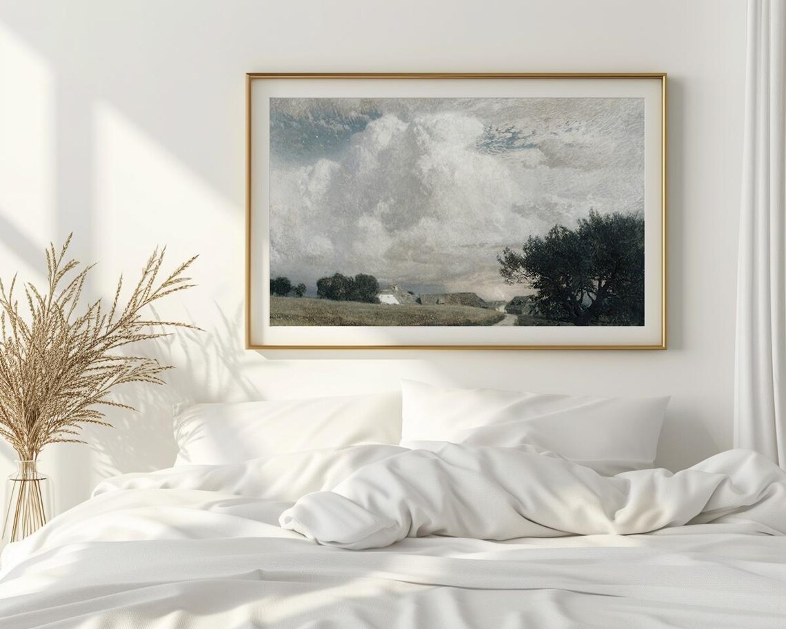 Country Road Farmhouses Dramatic Cloudy Sky Rural Painting Poster - Image 2