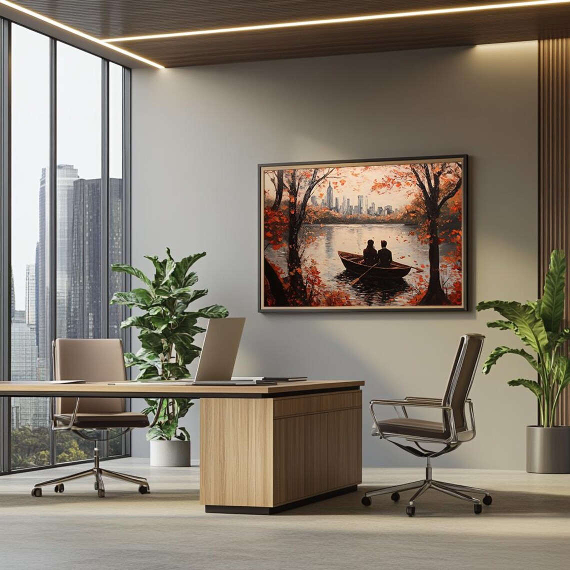 Couple in Rowboat Under Autumn Trees City Skyline Lake Poster - Image 3