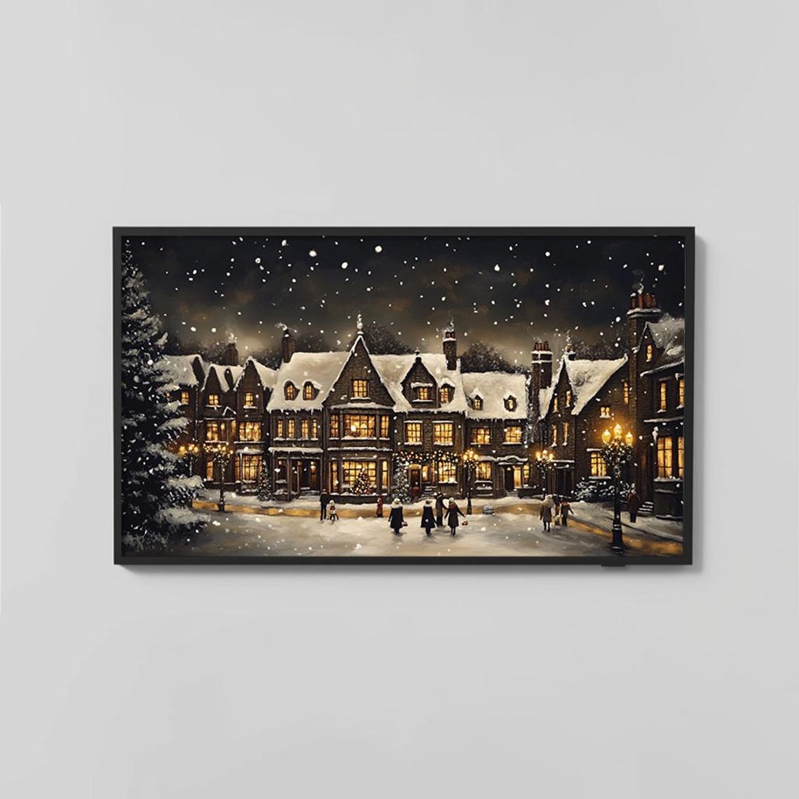 Snowy Village At Night Glowing Windows Falling Snow Panorama Poster - Image 2