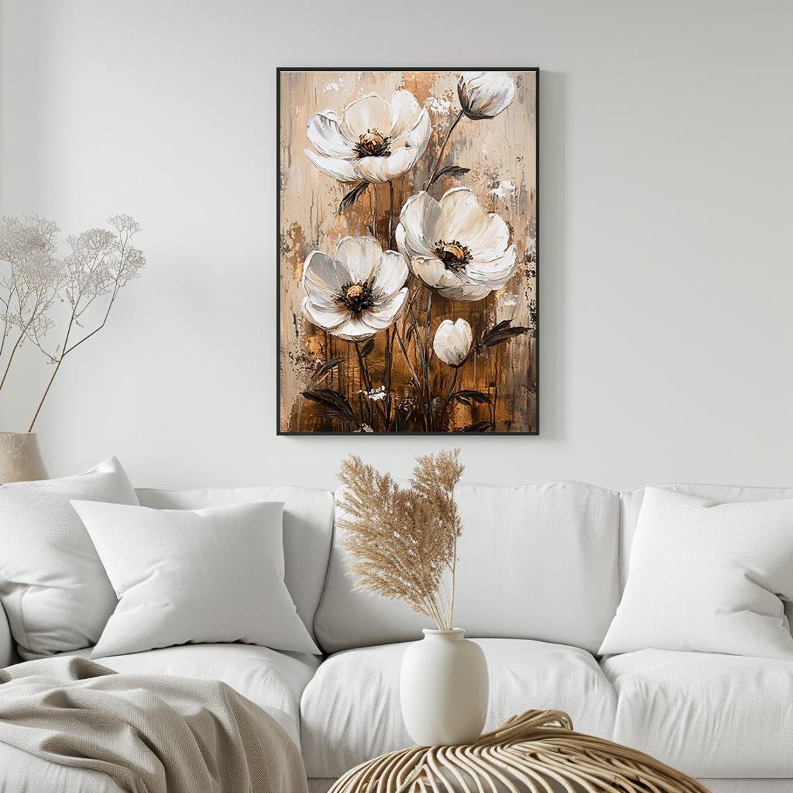 White Floral Oil Painting Rustic Neutral Flower Bloom Art Poster - Image 5